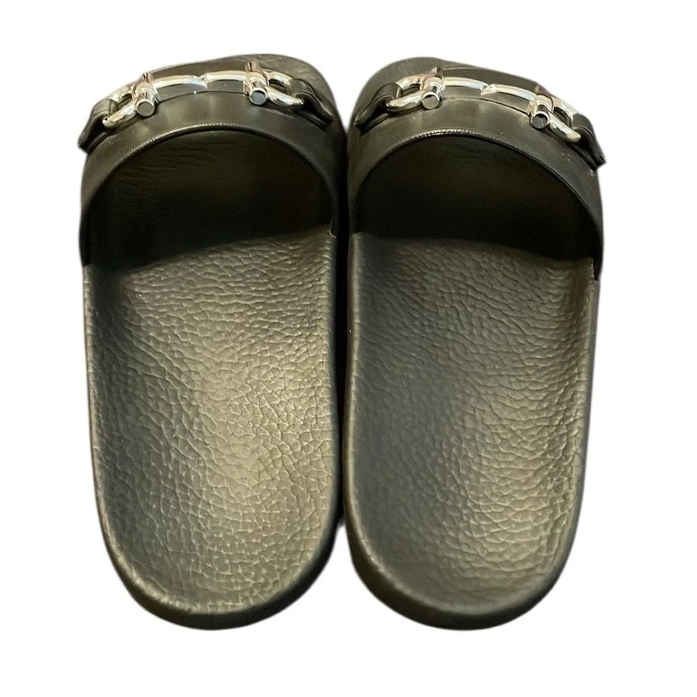 Salvatore Ferragamo Men's Black Groovy Silver‎ Buckle Slides Size 7M